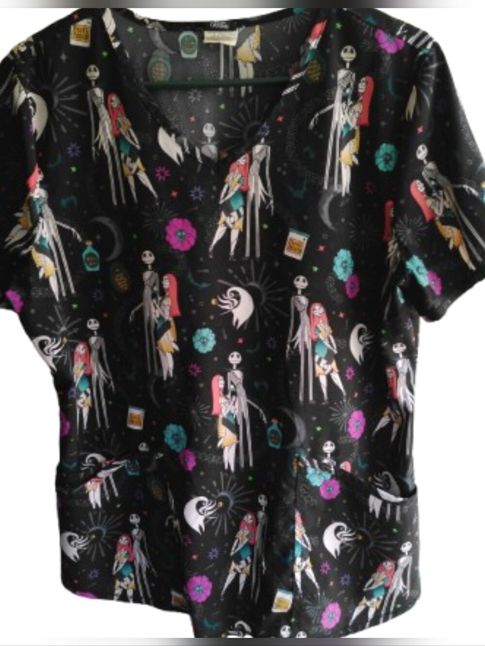 Nightmare Duo Printed Scrub Top - Black with Teal & Pink Accents